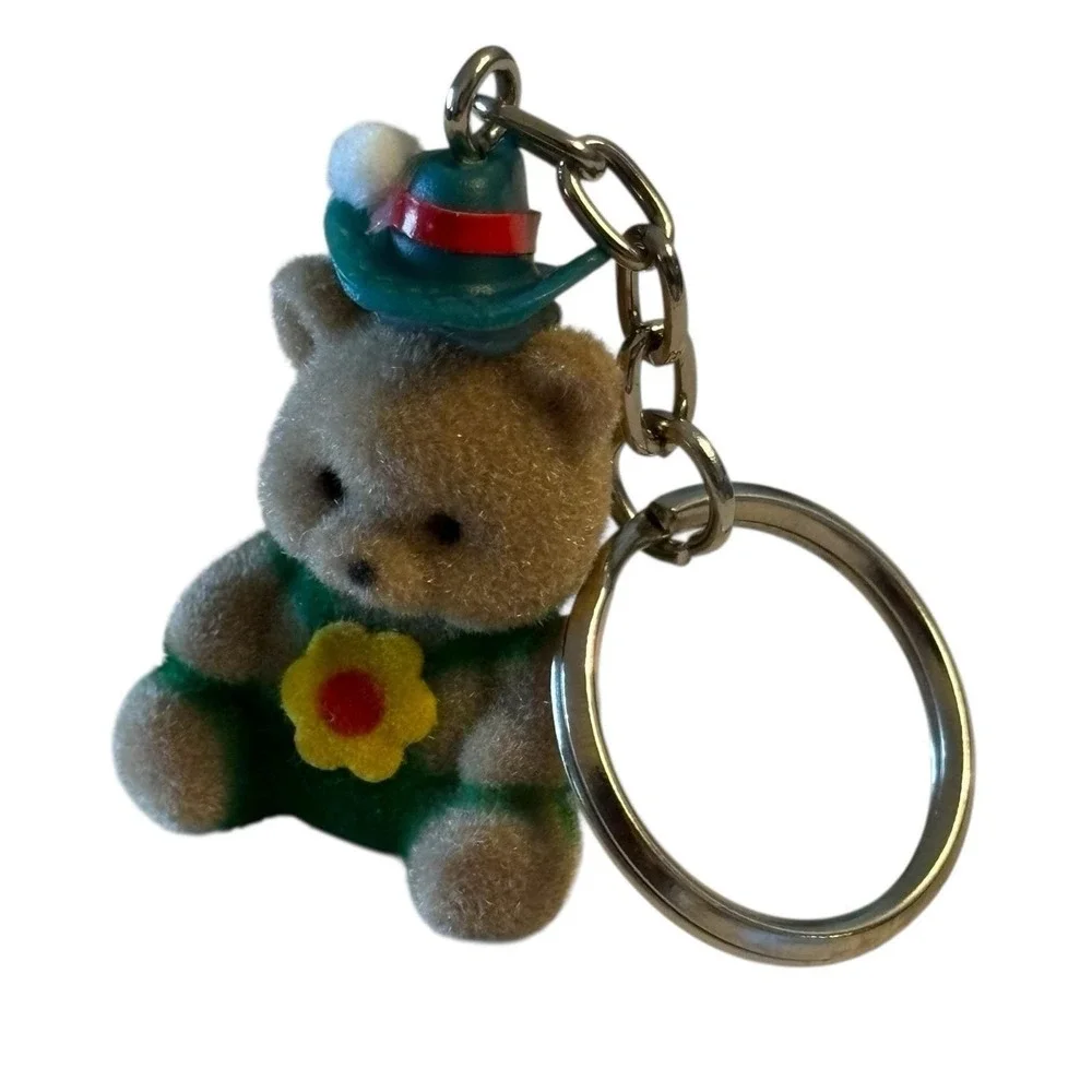 Flocked Teddy Bear Keychain‎ Fob Key Ring Brown Green Hat Flower Vintage 80s